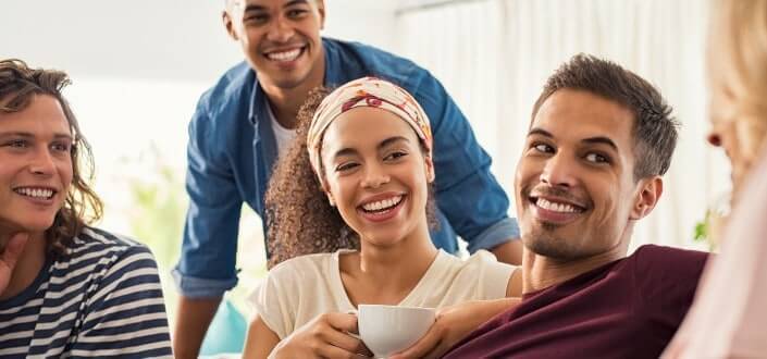 group of friends talking and discussing at home