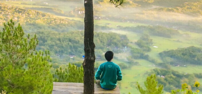 Man sitting on a bench overlooking nature