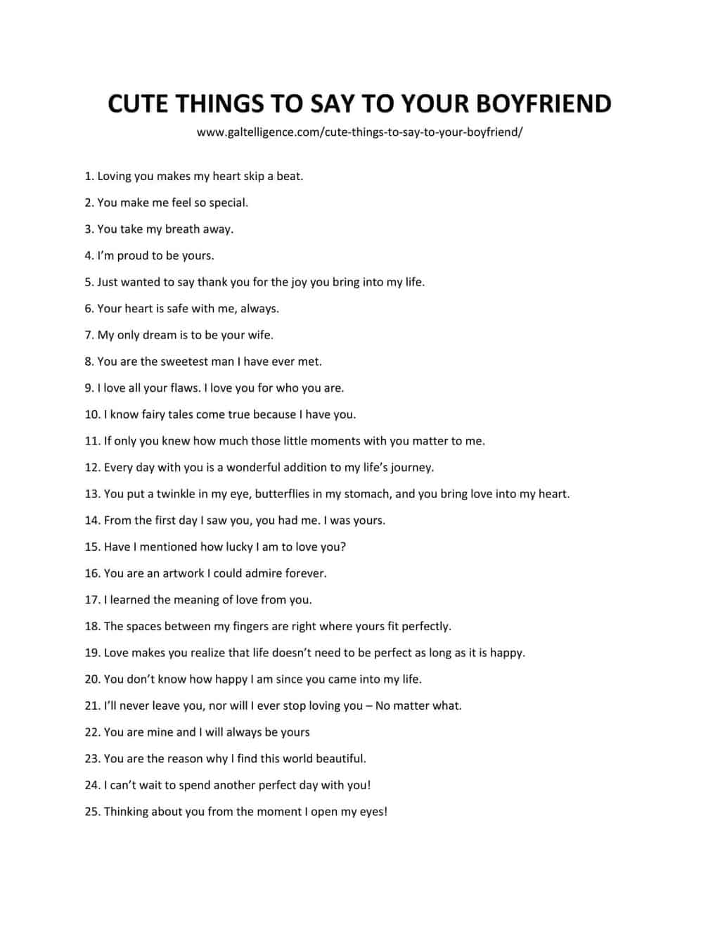 Downloadable and Printable List of Cute Things To Say To Your Boyfriend.