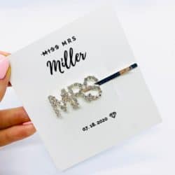best personalized bridal shower gifts - Personalized Card + Rhinestone Hair Barette