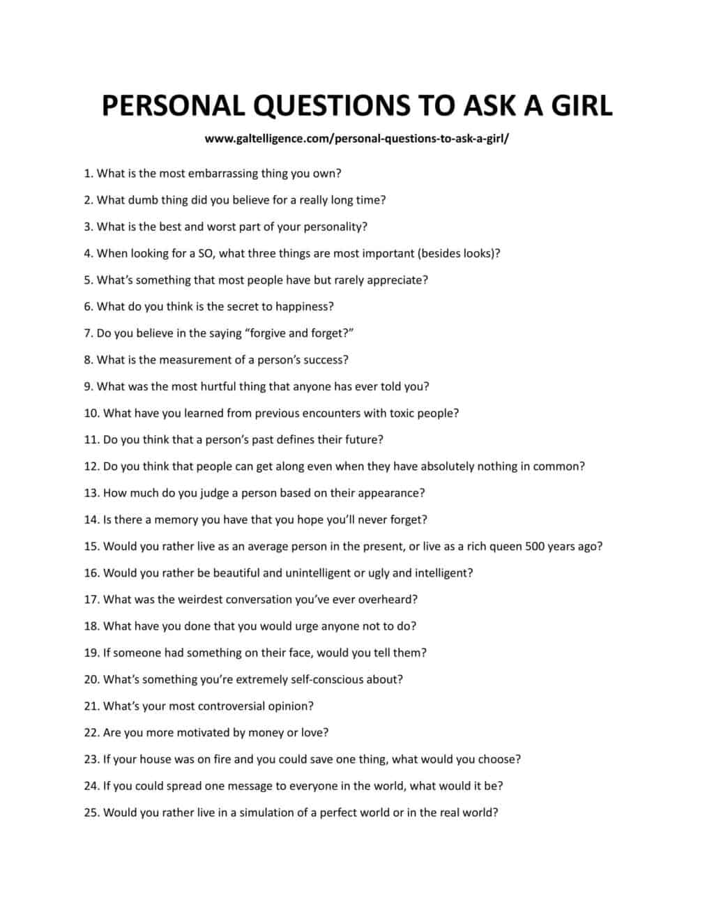 Printable and downloadable list - Personal questions to ask a girl