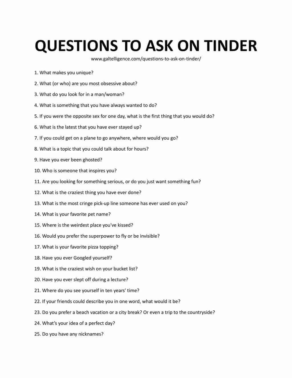 Downloadable and printable list of tinder questions