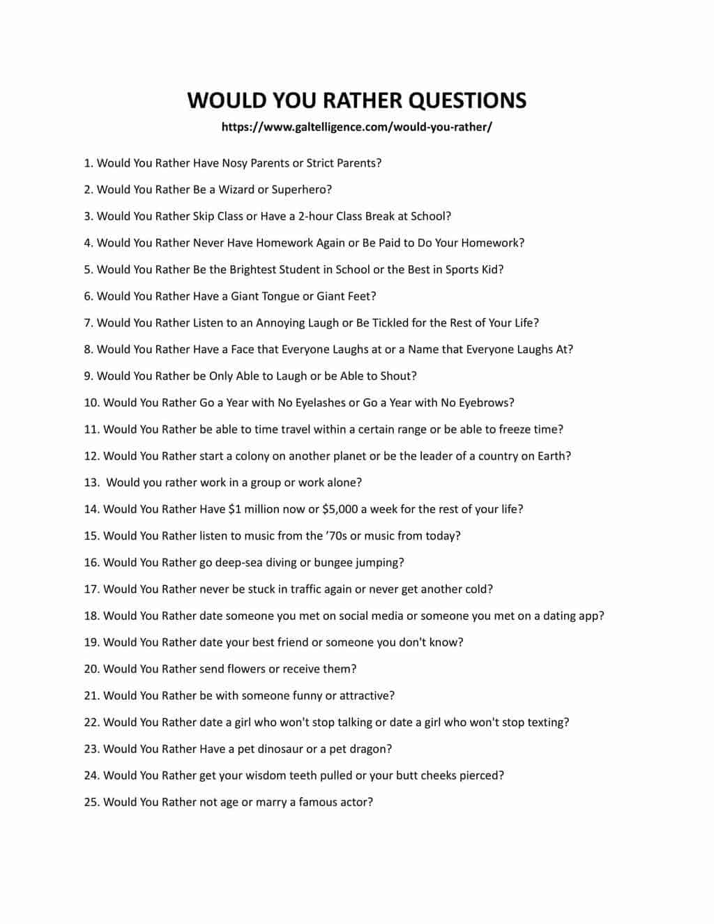 Downloadable list of questions