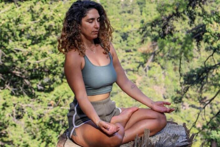 woman meditating on cut trees