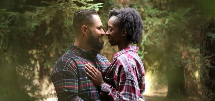Couple in checkered clothes about to kiss.