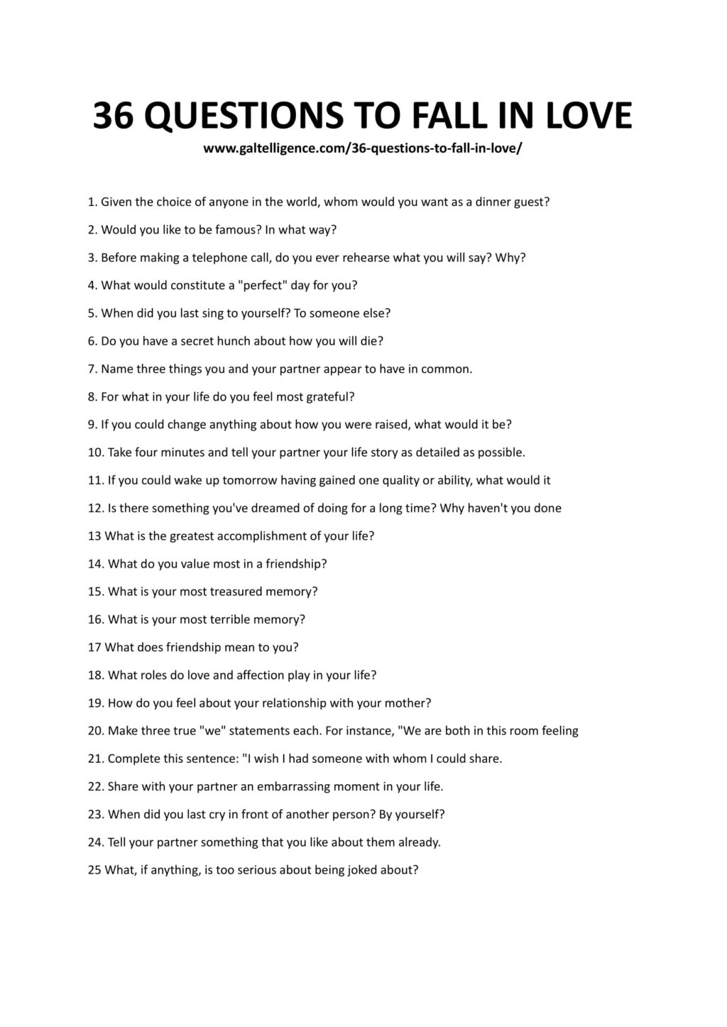 Downloadable and Printable List of 36 Questions to Fall In Love