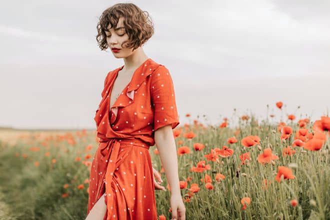 photo/girl-in-orange-dress-standing-on-flower-field - summer clothes -main