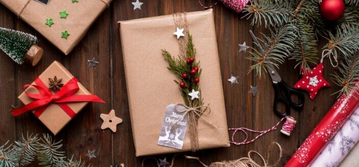 Gifts Wrapped in Brown Paper and Decorated With Plants